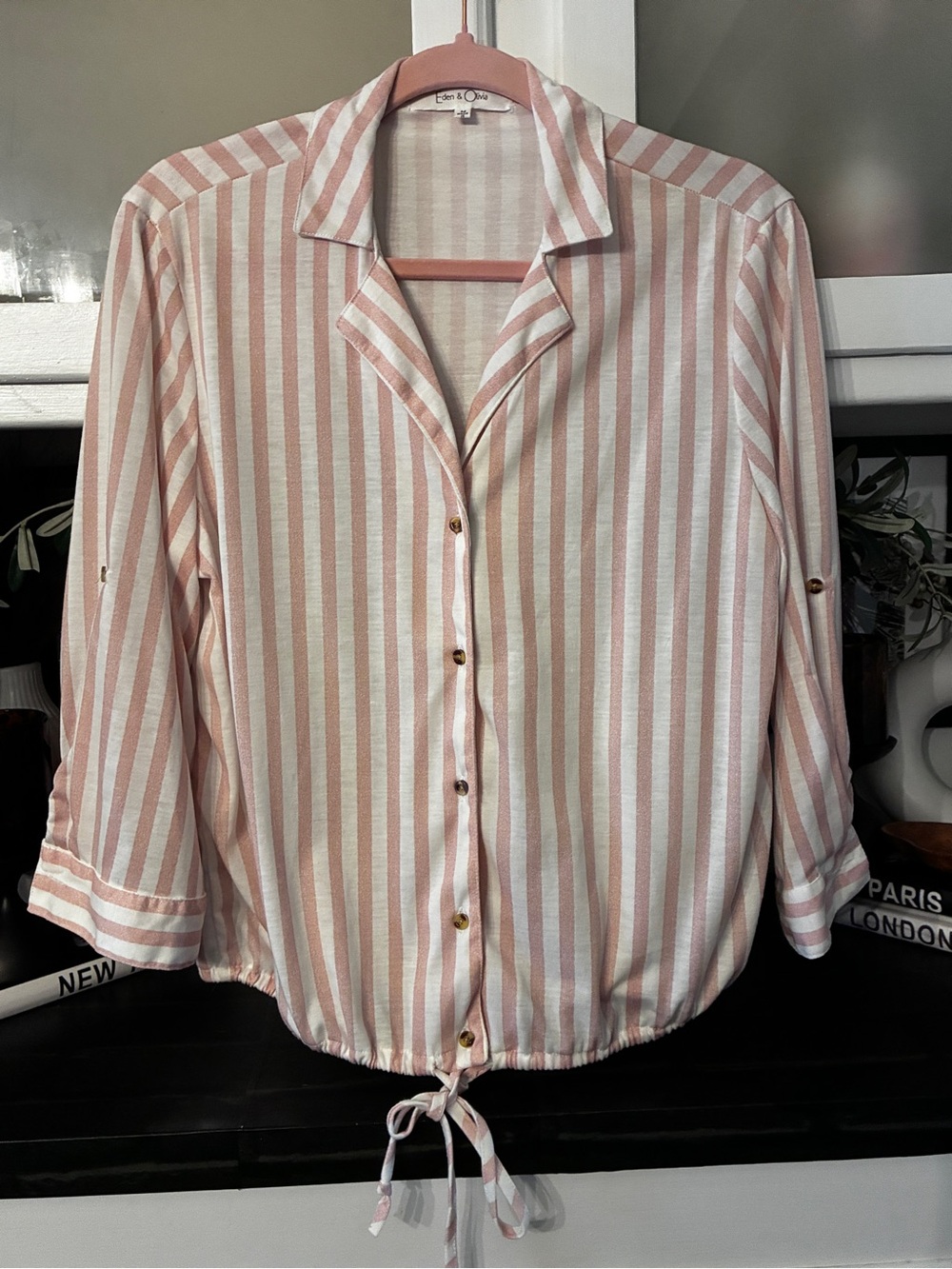 Eden & Olivia Blush Pink and White Striped Button-Front Tie-Hem Shirt